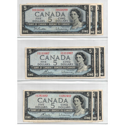 Lof of 9 $5 1954 Bank of Canada Notes - All Circulated Grades