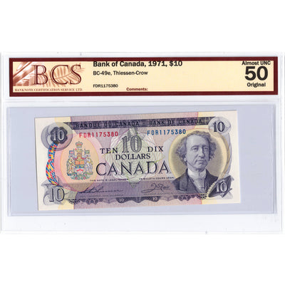 SOLD $10 1971 Bank of Canada Note Thiessen-Crow FDR Prefix BC-49e - BCS AU-50