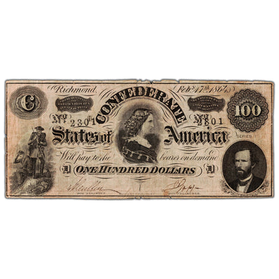 SOLD United States 1864 Confederate State of America $100 Note - Circulated