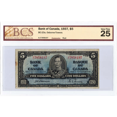 $5 1937 Bank of Canada Note Osborne Signature BC-23a - BCS VF-25