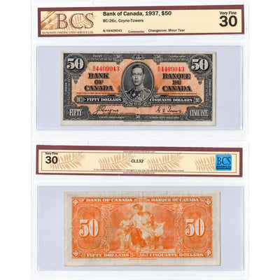$50 1937 Bank of Canada Note Coyne-Towers B/H Prefix BC-26c - BCS VF-30