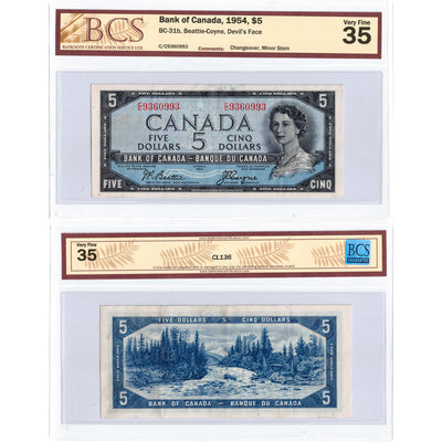 SOLD $5 1954 Bank of Canada Note Devil Face C/C Prefix BC-31b - BCS VF-35