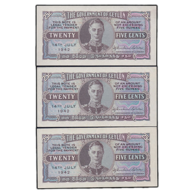SOLD Ceylon 1942 25 Cents Notes P #44a - 3 Consecutive - Residue