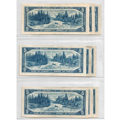 Lof of 9 $5 1954 Bank of Canada Notes - All Circulated Grades