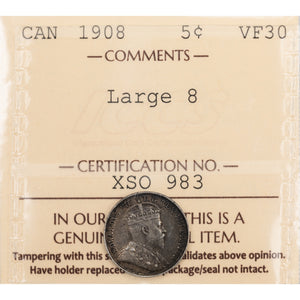 SOLD Canada 1908 Large 8 5 Cents Silver Coin - ICCS VF-30