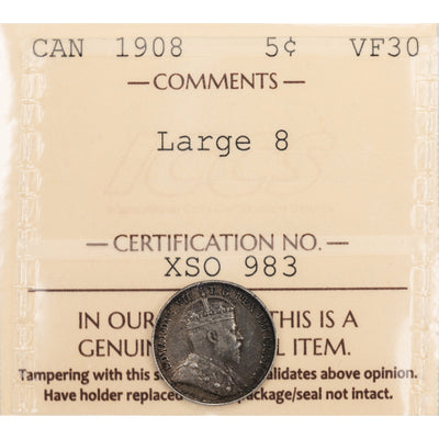 Canada 1908 Large 8 5 Cents Silver Coin - ICCS VF-30