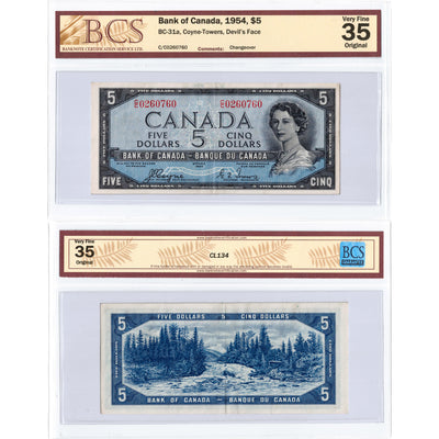 SOLD $5 1954 Bank of Canada Note Devil Face C/C Prefix BC-31a - BCS VF-35