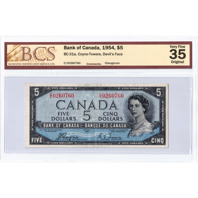 SOLD $5 1954 Bank of Canada Note Devil Face C/C Prefix BC-31a - BCS VF-35