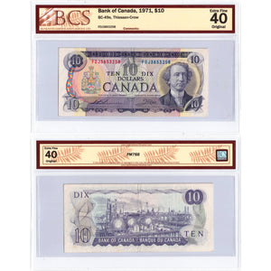 SOLD $10 1971 Bank of Canada Note Thiessen-Crow FDJ Prefix BC-49e - BCS EF-40
