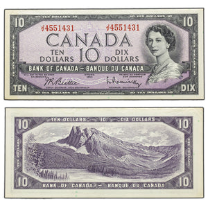 SOLD $10 1954 Bank of Canada Note Beattie-Rasminsky J/V Prefix BC-40b - EF