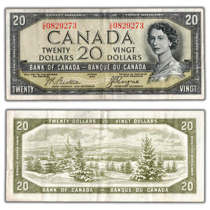 SOLD $20 1954 Bank of Canada Note Devil Face  E/E Prefix BC-33b - VF (tear)