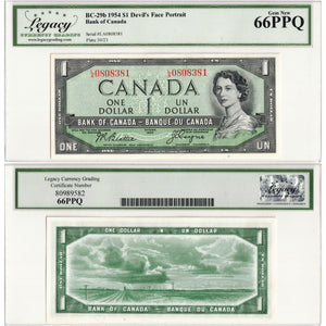 SOLD $1 1954 Bank of Canada Note Devil Face L/A Prefix BC-29b - Legacy Gem UNC-66 PPQ