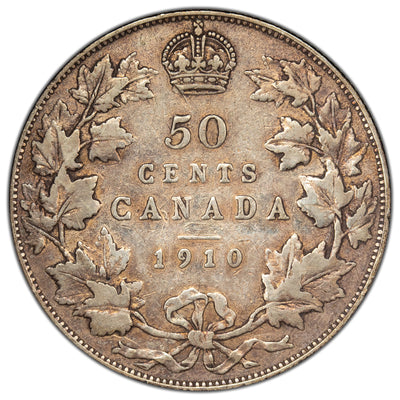 Canada 1910 Edwardian Leaves 50 Cents Half Dollar Silver Coin - F-15