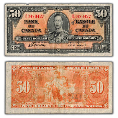 SOLD $50 1937 Bank of Canada Note Gordon-Towers B/H Prefix BC-26b - Writing