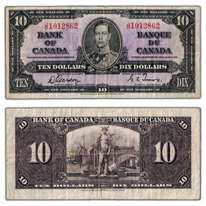 SOLD $10 1937 Bank of Canada Note Gordon-Towers J/D Prefix BC-24b - Fine