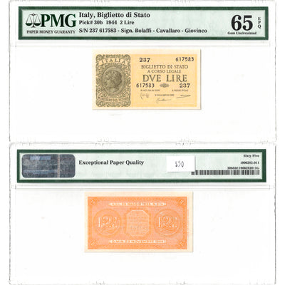 Italy 1944 2 Two Lire Note P #30b - PMG Gem UNC-65 EPQ