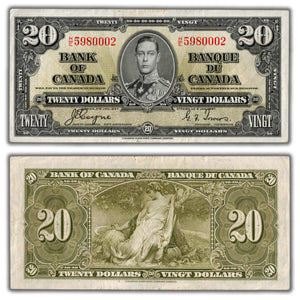SOLD $20 1937 Bank of Canada Note Coyne-Towers H/E Prefix BC-25c - VF/EF (small tear)