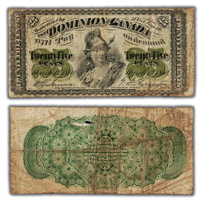 25 Cents 1870 Dominion of Canada Shinplaster Note Plain DC-1c - Fine (hole)