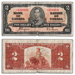 SOLD $2 1937 Bank of Canada Note Coyne-Towers L/R Prefix BC-22c - Writing/Edge Tear