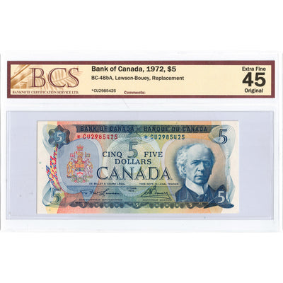 SOLD $5 1972 Bank of Canada Note *CU Replacement Prefix BC-48bA - BCS EF-45