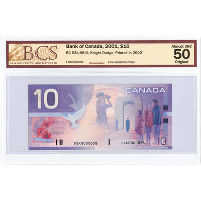 $20 2001 Bank of Canada Note FEK Prefix Low Serial #58 - BCS AU-50