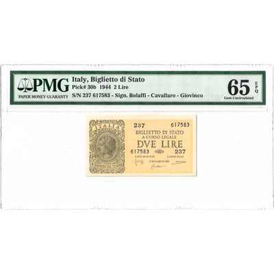 Italy 1944 2 Two Lire Note P #30b - PMG Gem UNC-65 EPQ