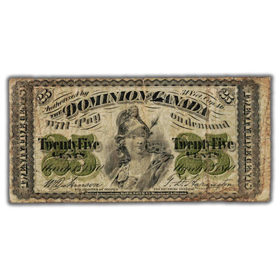 25 Cents 1870 Dominion of Canada Shinplaster Note Plain DC-1c - Fine (hole)