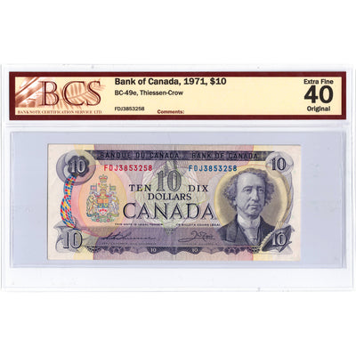 SOLD $10 1971 Bank of Canada Note Thiessen-Crow FDJ Prefix BC-49e - BCS EF-40