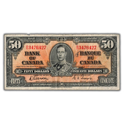 SOLD $50 1937 Bank of Canada Note Gordon-Towers B/H Prefix BC-26b - Writing