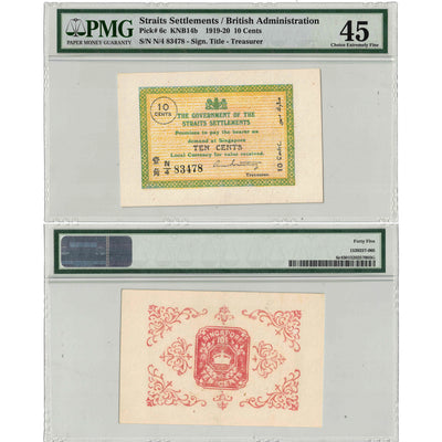 SOLD Straits Settlements 1919-20 10 Cents Note P #6c - PMG EF-45
