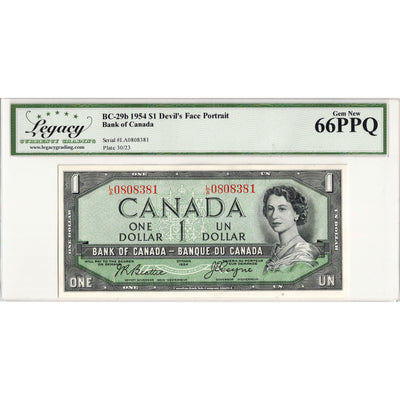 SOLD $1 1954 Bank of Canada Note Devil Face L/A Prefix BC-29b - Legacy Gem UNC-66 PPQ