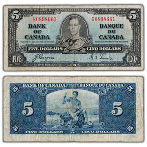 SOLD $5 1937 Bank of Canada Note Coyne-Towers H/S Final Prefix BC-23c