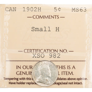 SOLD Canada 1902-H Small H 5 Cents Silver Coin - ICCS MS-63