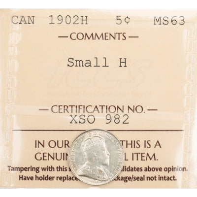 SOLD Canada 1902-H Small H 5 Cents Silver Coin - ICCS MS-63