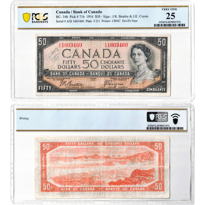 $50 1954 Bank of Canada Note Devil Face A/H Prefix BC-34b - PCGS VF-25
