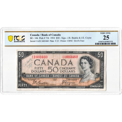 $50 1954 Bank of Canada Note Devil Face A/H Prefix BC-34b - PCGS VF-25