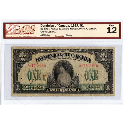 $1 1917 Dominion of Canada Note No Seal Prefix A DC-23b-i - BCS F-12
