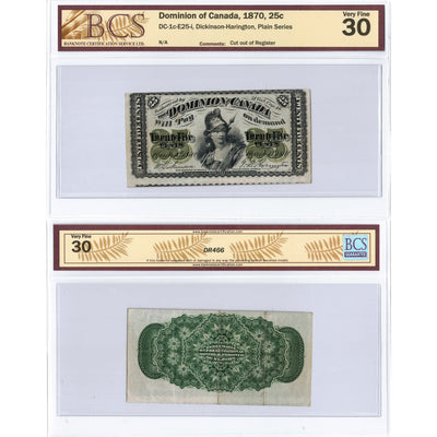 25 Cents 1870 Dominion of Canada Shinplaster Note Plain DC-1c-E25-i - BCS VF-30