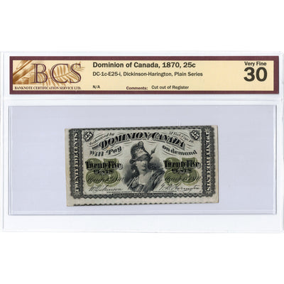 25 Cents 1870 Dominion of Canada Shinplaster Note Plain DC-1c-E25-i - BCS VF-30
