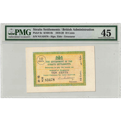 SOLD Straits Settlements 1919-20 10 Cents Note P #6c - PMG EF-45