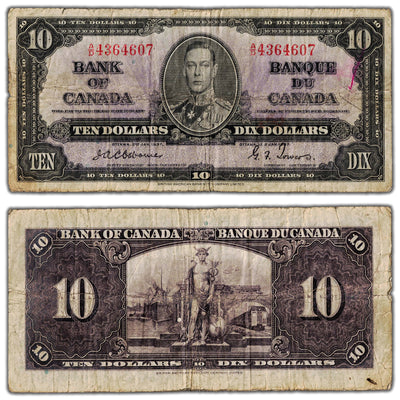 SOLD $10 1937 Bank of Canada Note Osborne Signature BC-24a - Light Writing