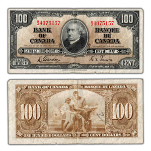 SOLD $100 1937 Bank of Canada Note Gordon-Towers B/J Prefix BC-27b - Writing