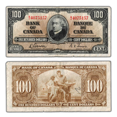 SOLD $100 1937 Bank of Canada Note Gordon-Towers B/J Prefix BC-27b - Writing