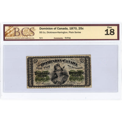 25 Cents 1870 Dominion of Canada Shinplaster Note Plain DC-1c - BCS F-18