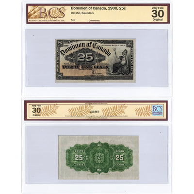 SOLD 25 Cents 1900 Dominion of Canada Shinplaster Note Saunders DC-15c - BCS VF-30