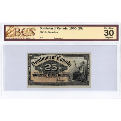 SOLD 25 Cents 1900 Dominion of Canada Shinplaster Note Saunders DC-15c - BCS VF-30