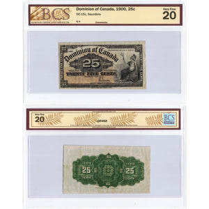 SOLD 25 Cents 1900 Dominion of Canada Shinplaster Note Saunders DC-15c - BCS VF-20
