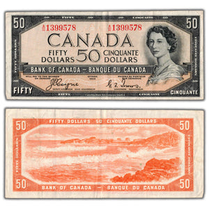 SOLD $50 1954 Bank of Canada Note Devil Face A/H Prefix BC-34a - VF