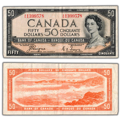 SOLD $50 1954 Bank of Canada Note Devil Face A/H Prefix BC-34a - VF