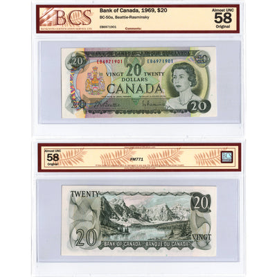 $20 1969 Bank of Canada Note Beattie-Rasminsky EB Prefix BC-50a - BCS AU-58